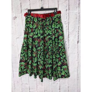 Hell Bunny Christmas Belted Skirt Holly Leaf And Berries Cotton Pleated Pockets‎